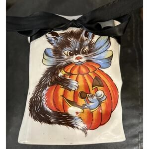 Vintage Halloween Ceramic Paper Bag Vase Black Cat Mouse Jack-O'-lantern 4” Tall